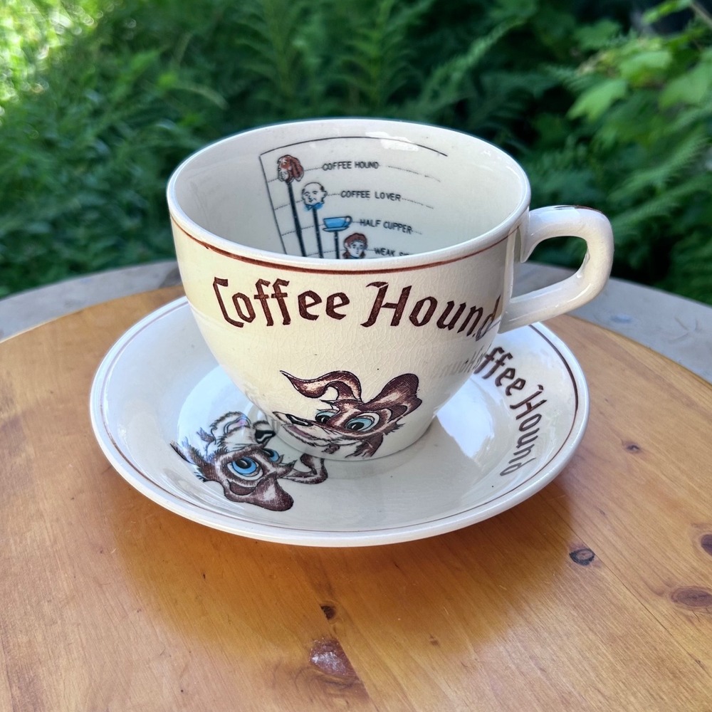 Vintage Coffee Hound Cup Saucer Set Unisex Large Cream Dog Kitsch 1960s Enesco